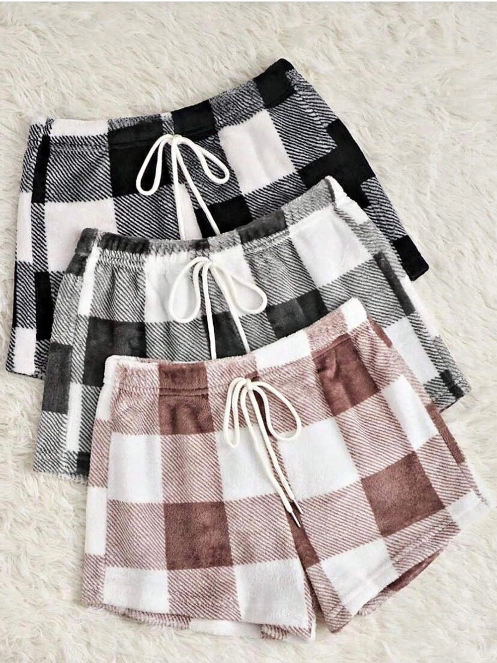 🌸SL54 - SHEIN Buffalo Plaid Print Fluffy Sleep Shorts 3-Pack Fluffy Sleep Shorts